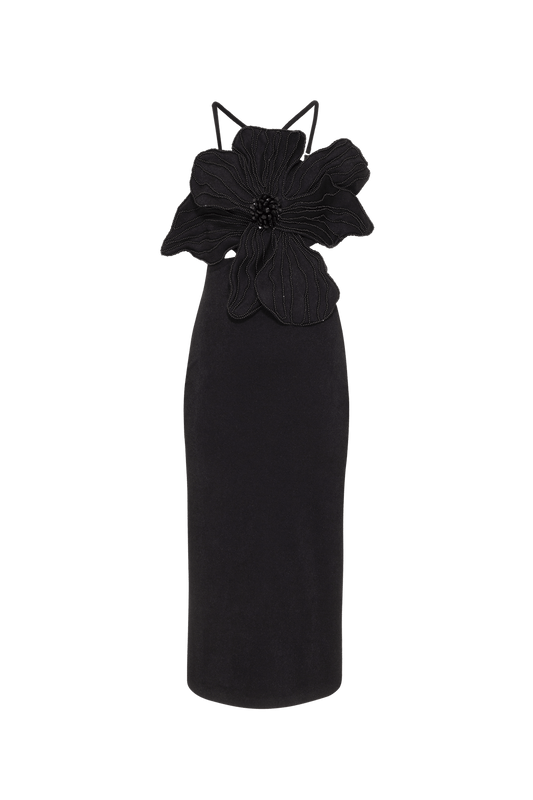VESTIDO MÍDI RECORTES FLOWER SENSES PRETO