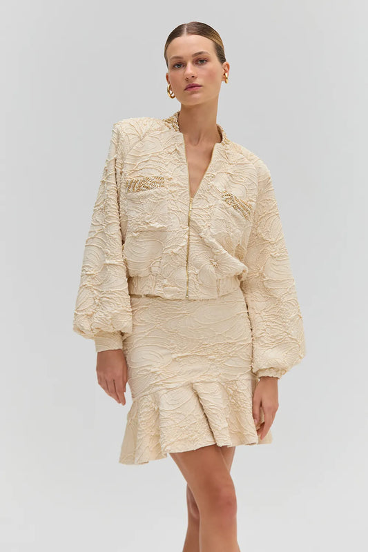 Jaqueta bomber malha jacquard bege
