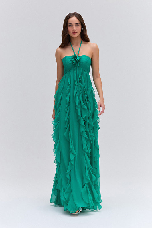 Vestido longo silky plisse verde