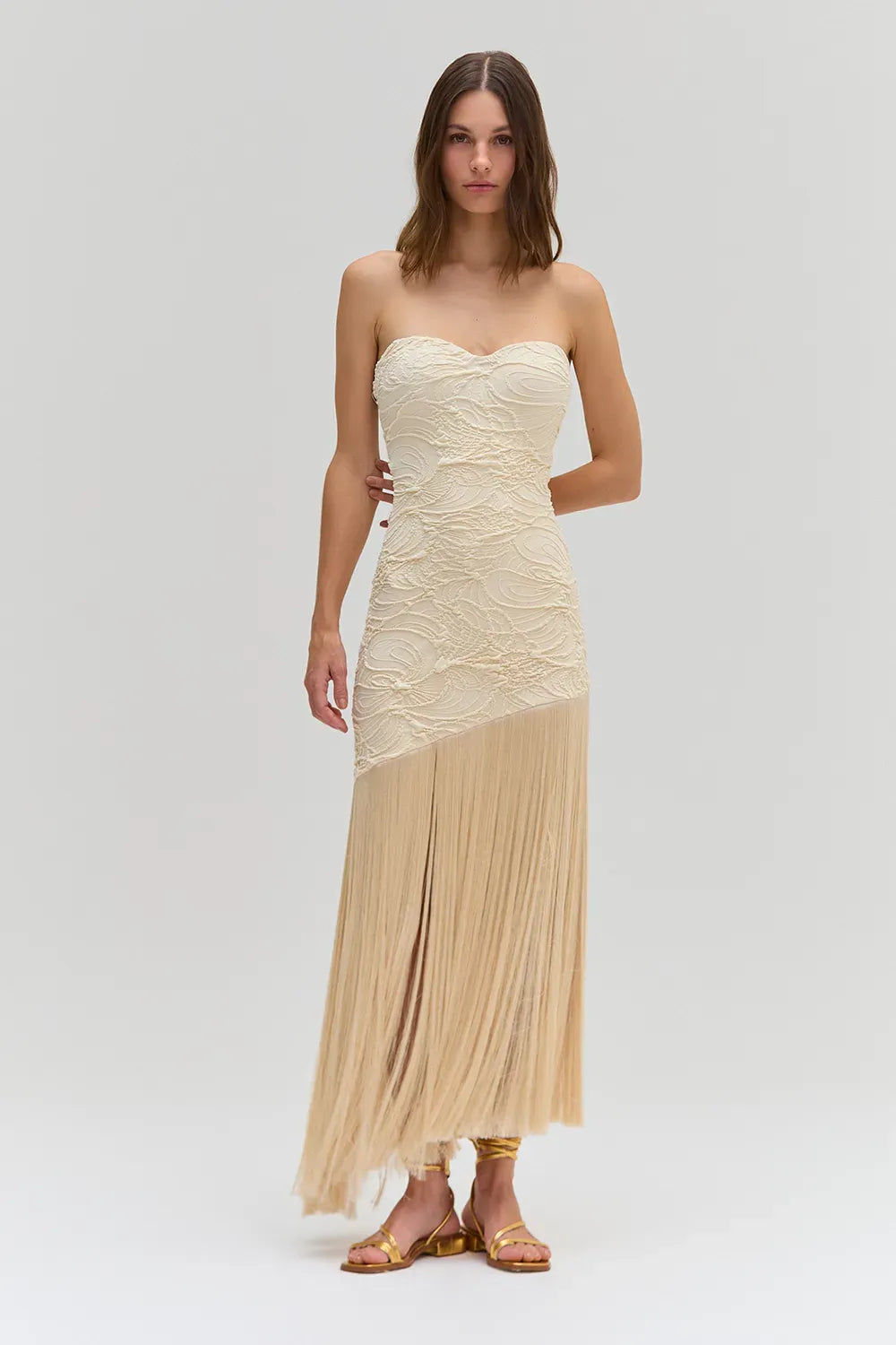 VESTIDO LONGO MALHA JACQUARD BEGE