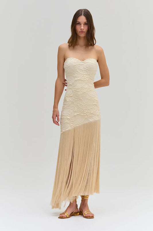 VESTIDO LONGO MALHA JACQUARD BEGE