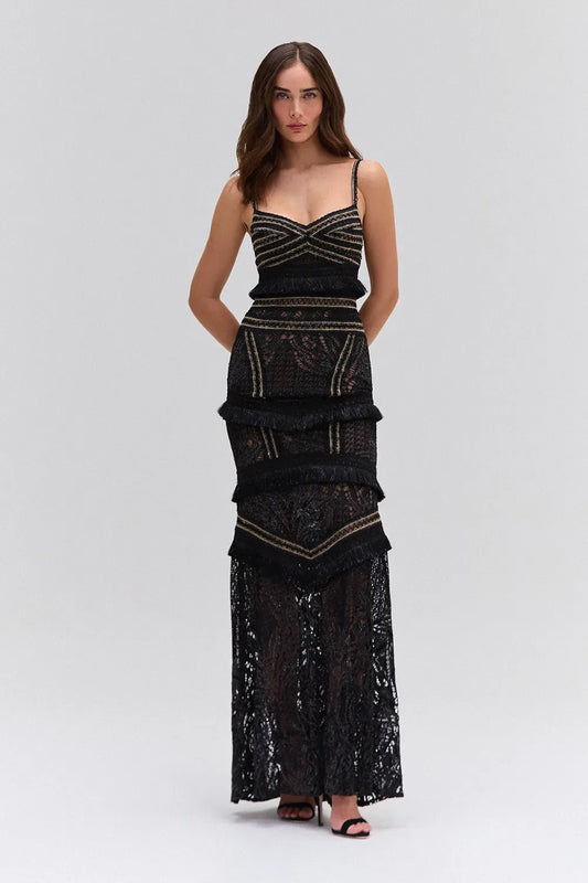 VESTIDO LONGO HANNAH FRINGE PRETO