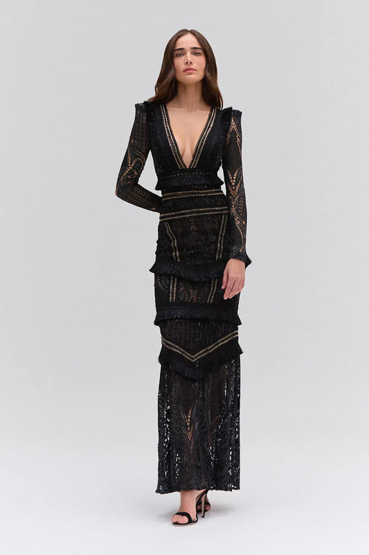 VESTIDO LONGO HANNAH FRINGE PRETO