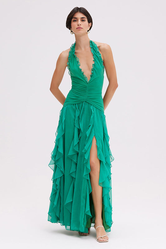 Vestido longo silky plisse verde