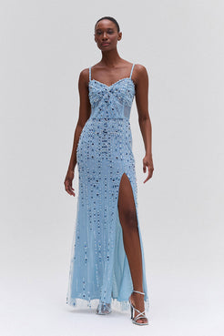 VESTIDO LONGO BORDADO TULE AZUL