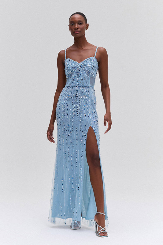 VESTIDO LONGO BORDADO TULE AZUL