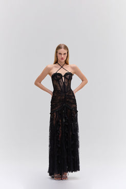 VESTIDO LONGO ESTRUTURADO RENDA PRETO