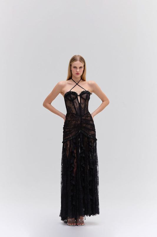 VESTIDO LONGO ESTRUTURADO RENDA PRETO