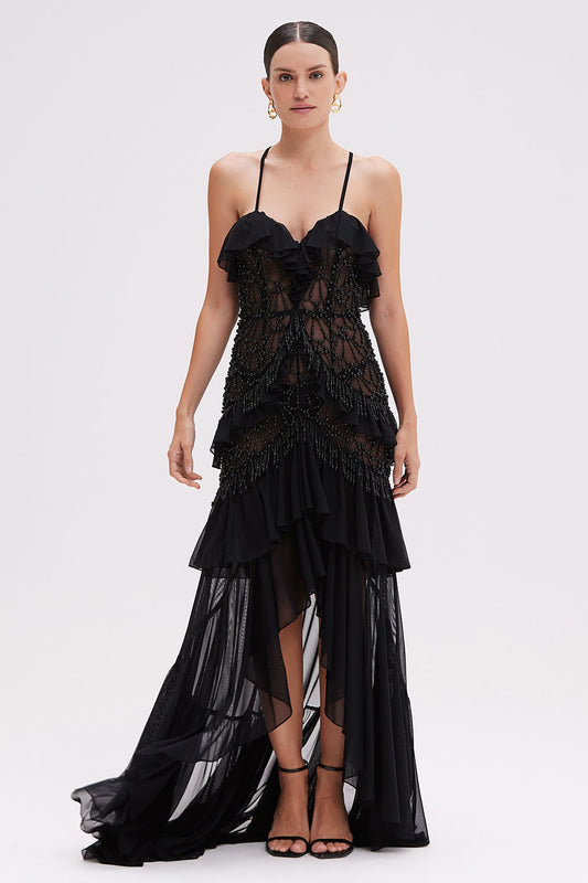 VESTIDO LONGO BABADOS TULE PRETO