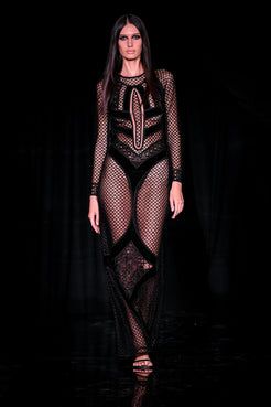 VESTIDO LONGO RECORTES TELA  PRETO