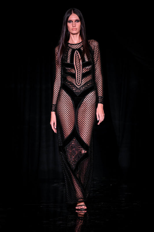 VESTIDO LONGO RECORTES TELA  PRETO