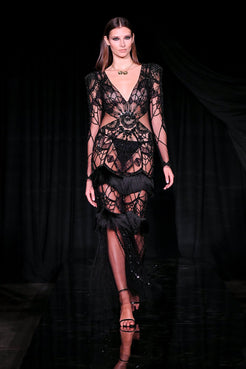 VESTIDO LONGO FRANJAS BORDADO TULE PRETO