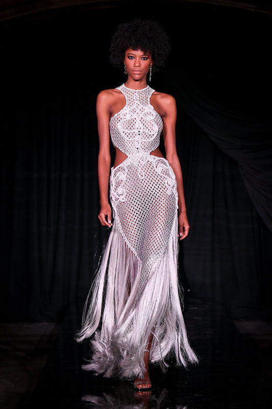 VESTIDO LONGO FRENTE ÚNICA SILVER CROCHÊ PRATA