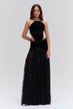 VESTIDO LONGO FRENTE ÚNICA EMBROIDERY VELVET PRETO