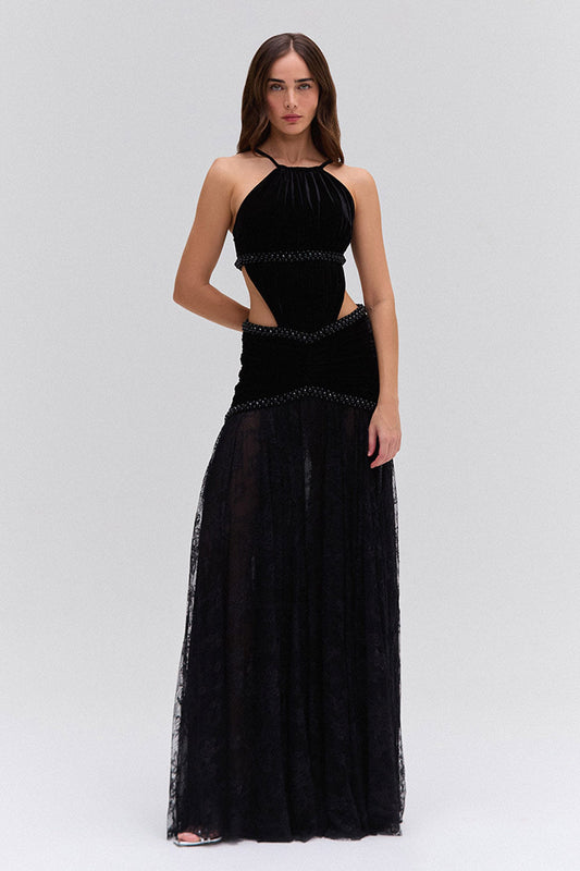 VESTIDO LONGO FRENTE ÚNICA EMBROIDERY VELVET PRETO