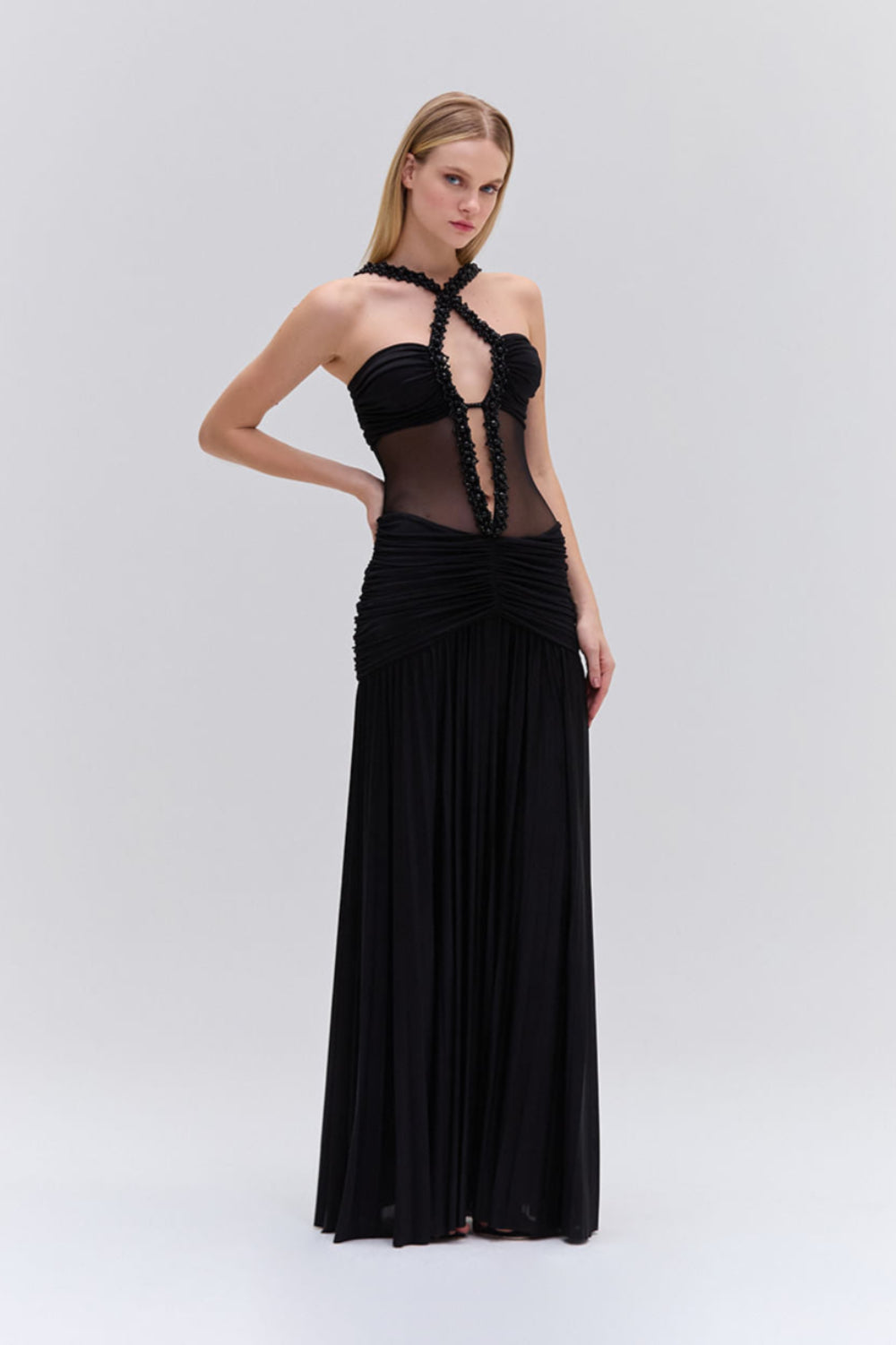 VESTIDO LONGO RECORTES BORDADO MALHA SHINE PRETO