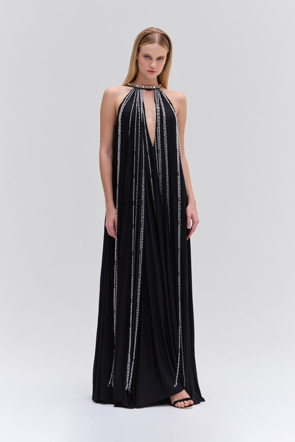 VESTIDO LONGO FRENTE ÚNICA MALHA SHINE PRETO