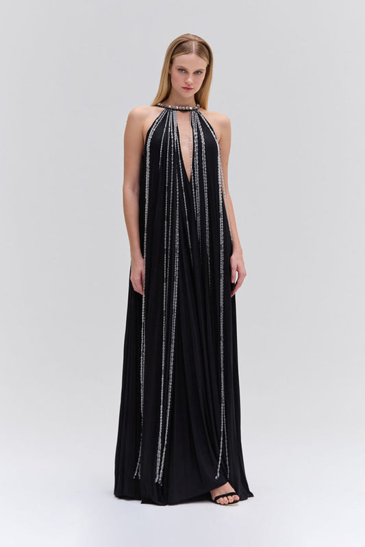 VESTIDO LONGO FRENTE ÚNICA MALHA SHINE PRETO