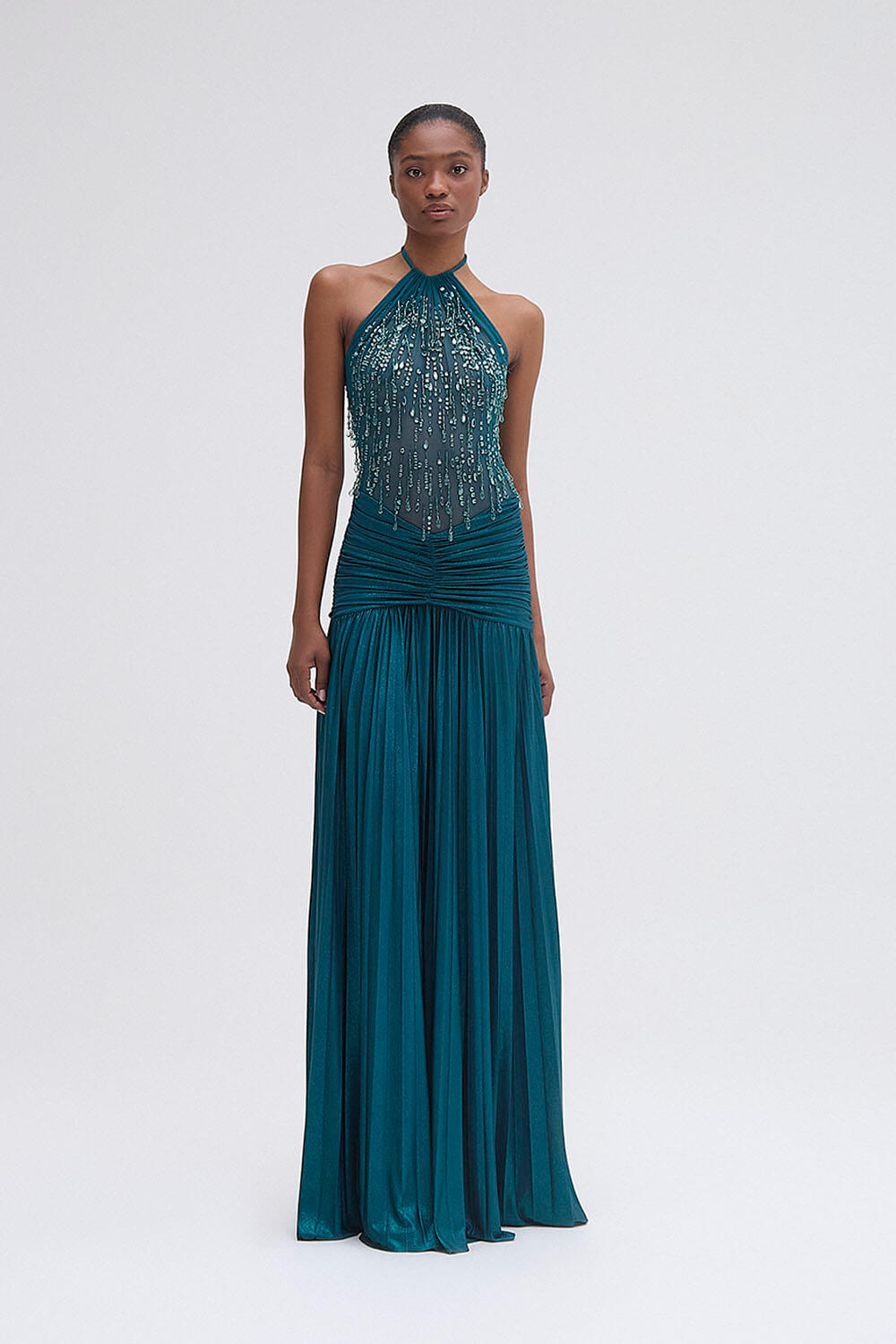 VESTIDO LONGO TRANSPARÊNCIA MALHA SHINE VERDE ESCURO