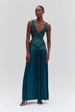 VESTIDO LONGO JERSEY FOIL VERDE ESCURO