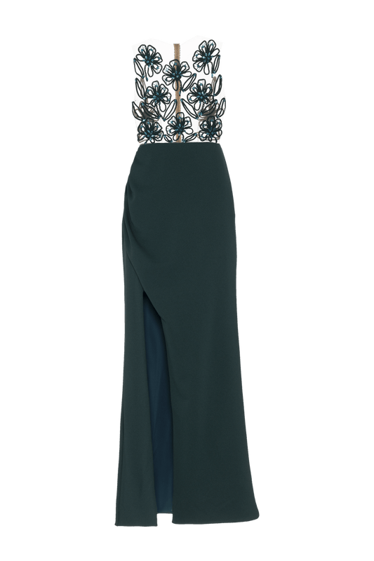 VESTIDO LONGO CREPE GLAM VERDE ESCURO