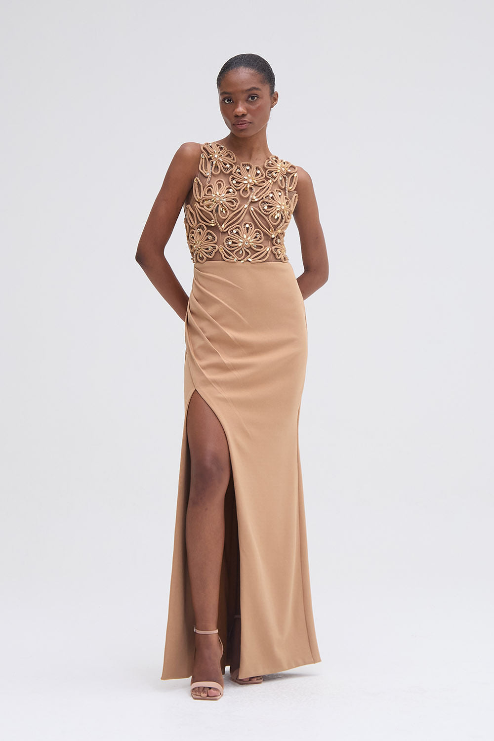 VESTIDO LONGO CREPE GLAM BEGE