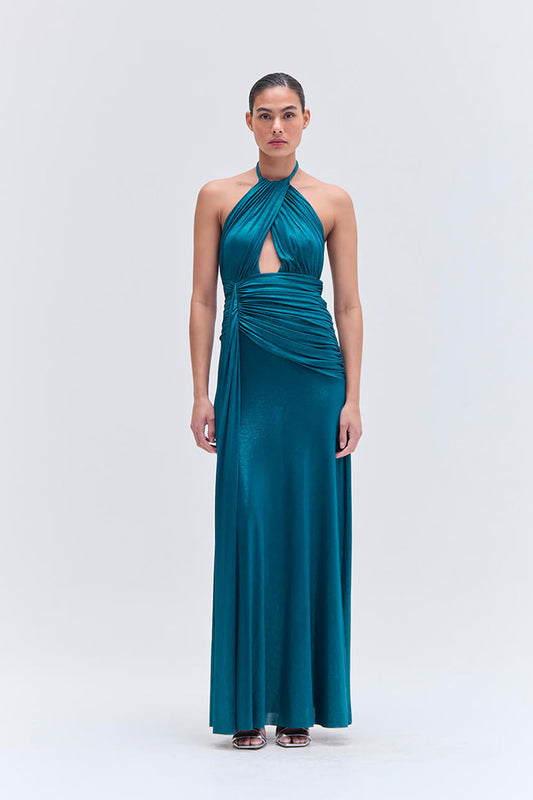 VESTIDO LONGO JERSEY FOIL VERDE ESCURO
