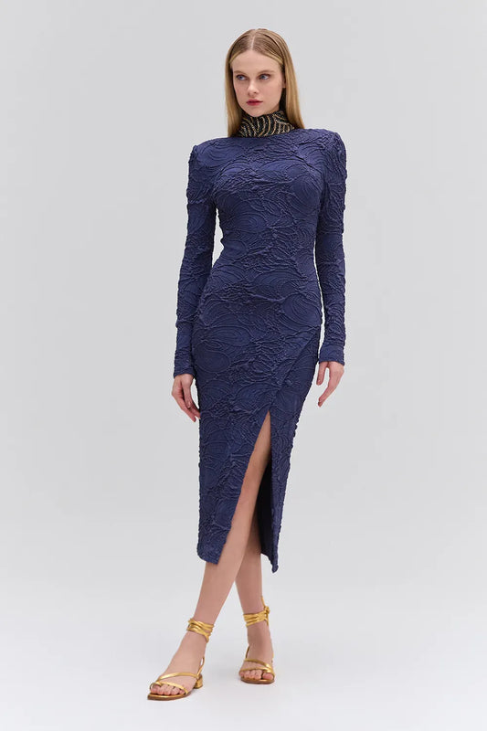 VESTIDO MÍDI MALHA JACQUARD AZUL ESCURO