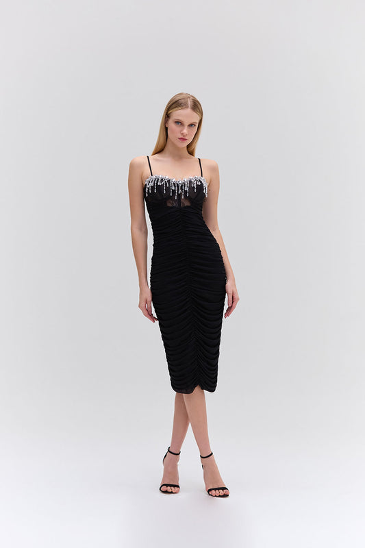 VESTIDO MÍDI PREGAS TULE PRETO
