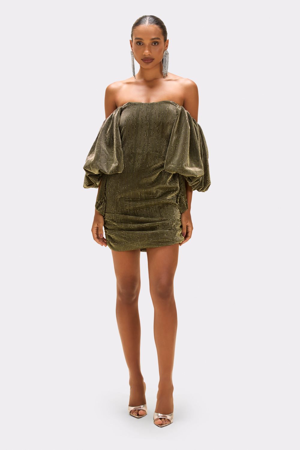 VESTIDO CURTO TULE LUREX GLOWING PRETO E DOURADO
