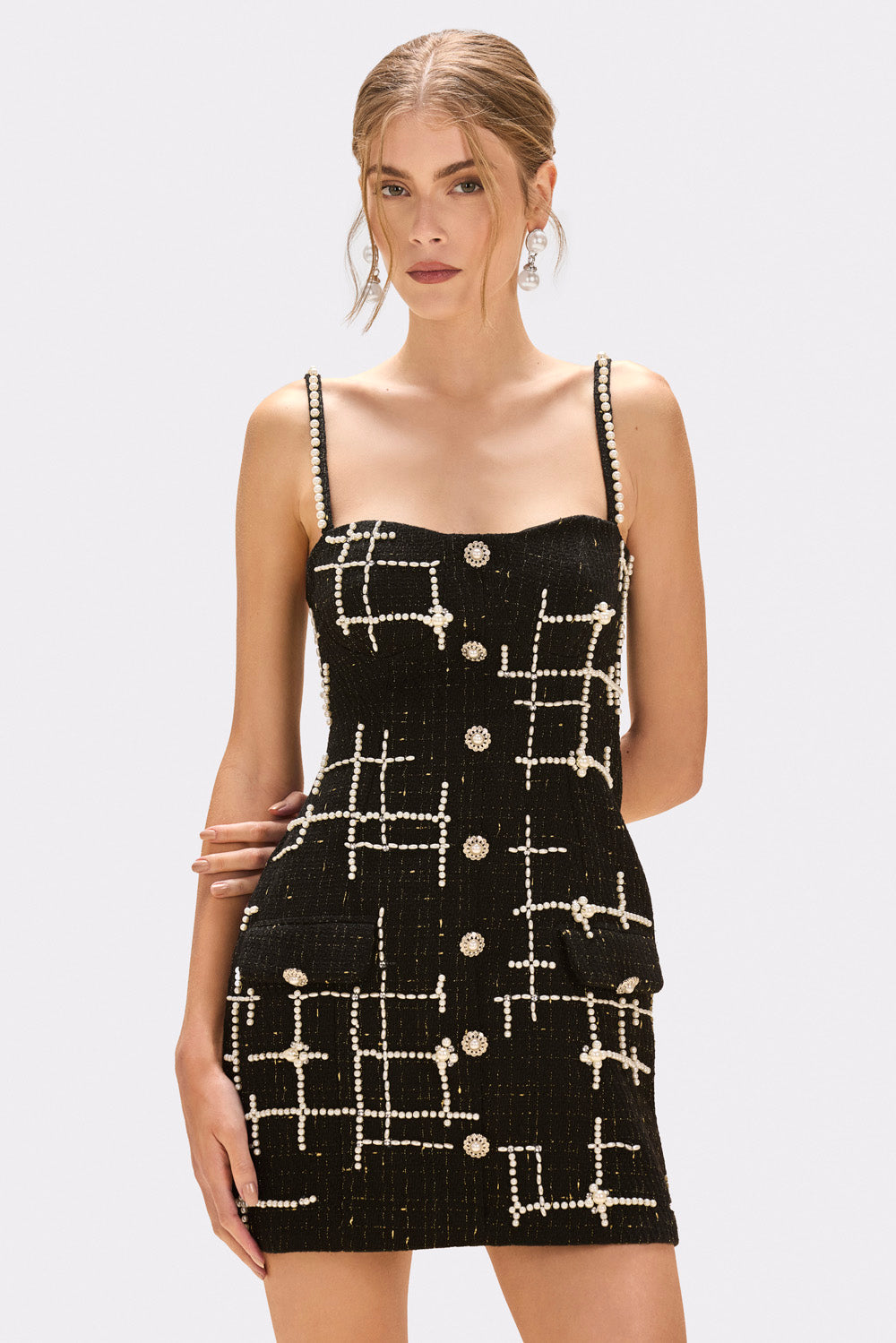 VESTIDO CURTO PEARL TWEED PRETO