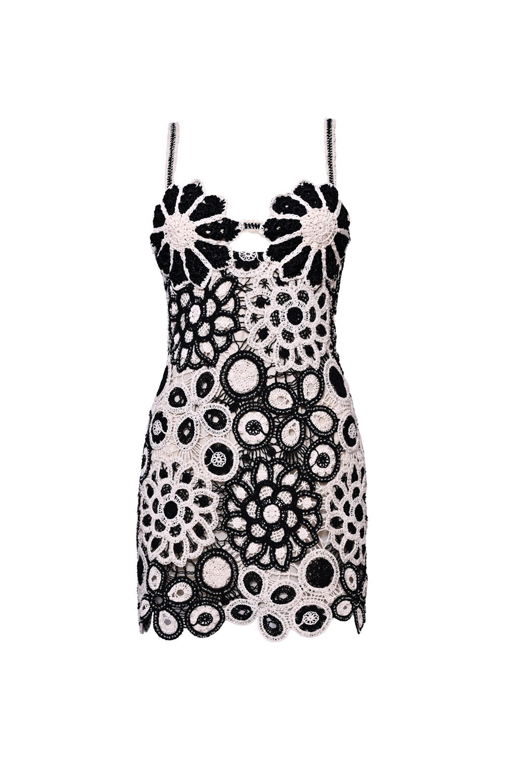 VESTIDO CURTO CORAL CROCHET PRETO E BRANCO