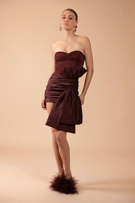 VESTIDO CURTO TAFETÁ TARSILA MARROM