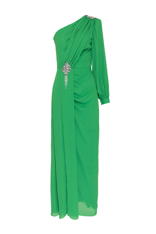 VESTIDO LONGO OMBRO ÚNICO CREPE GRACE  VERDE