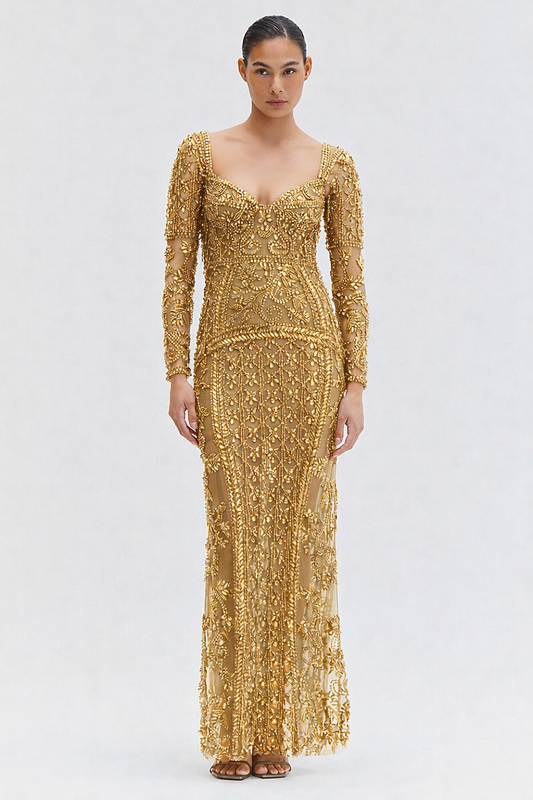 VESTIDO LONGO CRYSTAL EMBROIDERY DOURADO