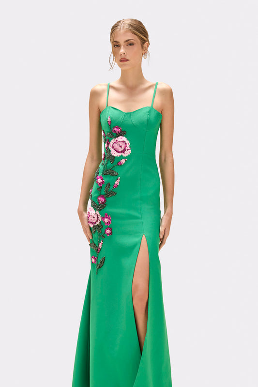 VESTIDO LONGO CREPE PETALS VERDE ESCURO