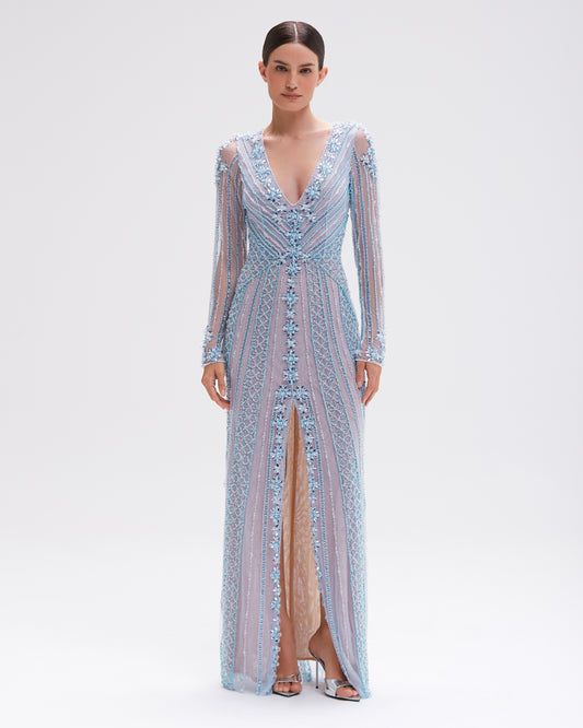 VESTIDO LONGO BUTTERFLY EMBROIDERY AZUL CLARO