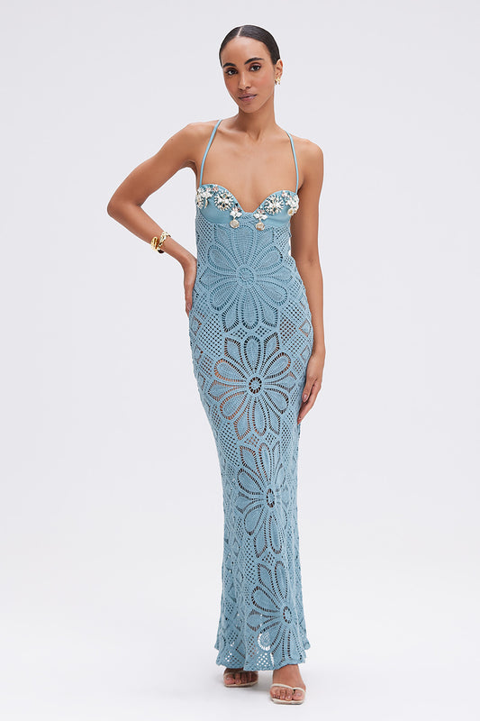 VESTIDO LONGO CROCHET FLOWER AZUL