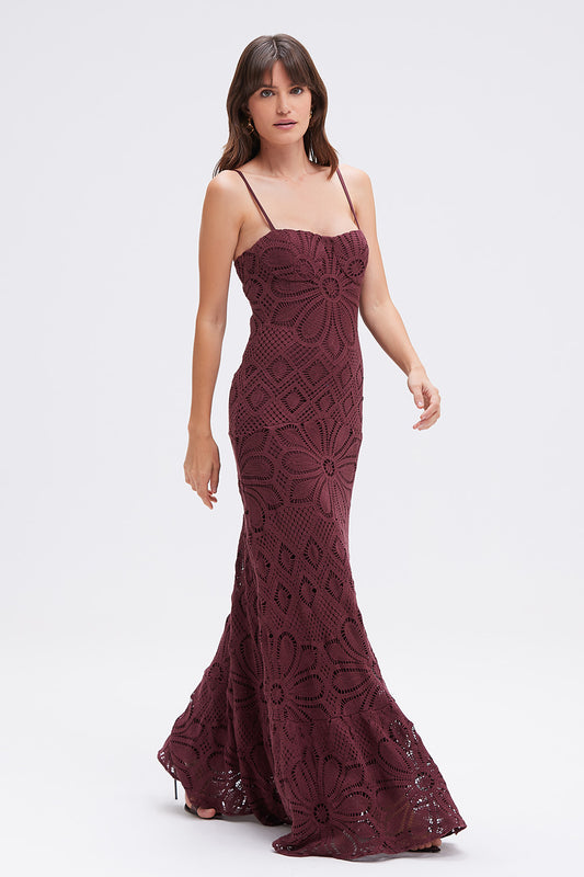 VESTIDO LONGO CROCHET FLOWER VERMELHO ESCURO
