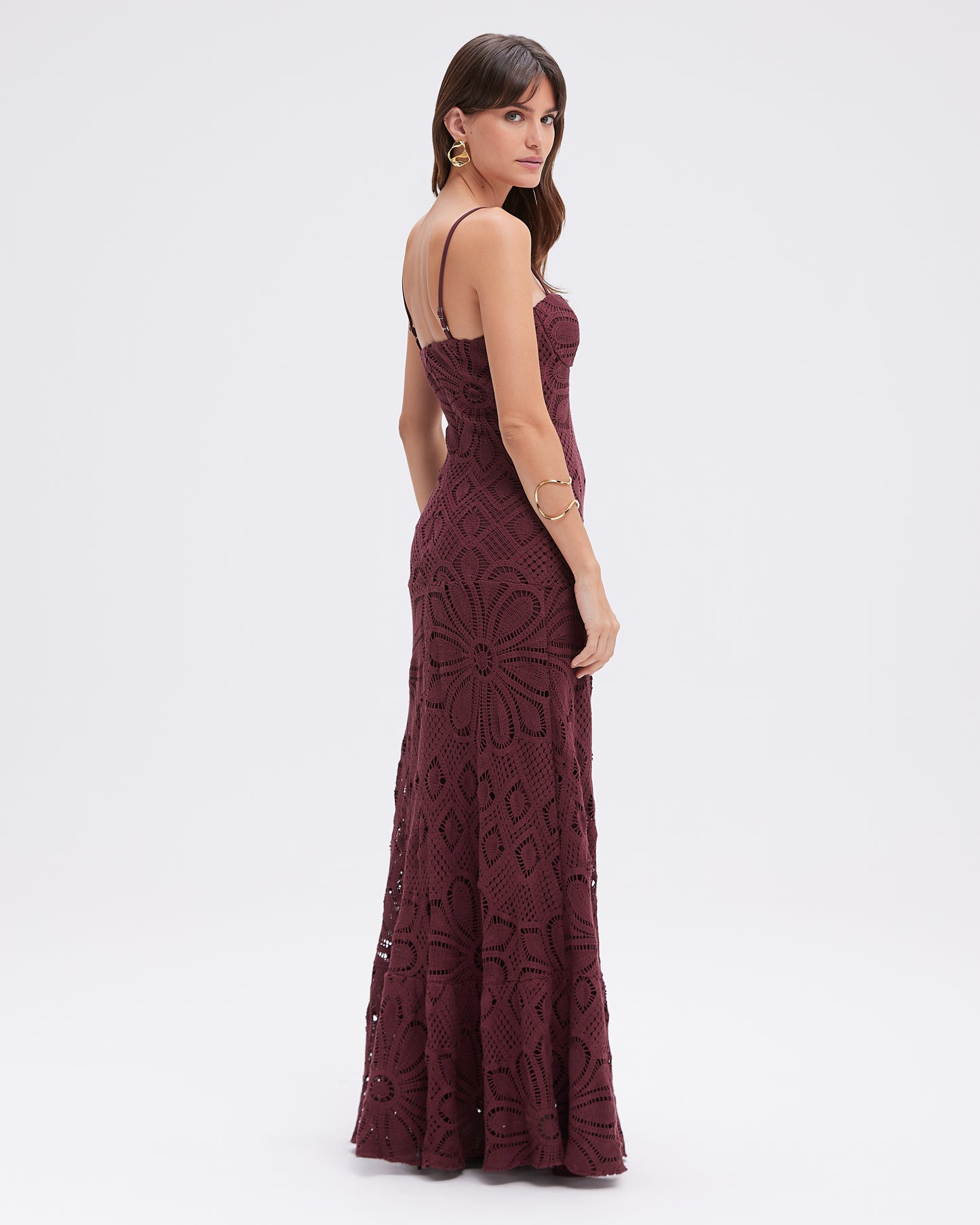 VESTIDO LONGO CROCHET FLOWER VERMELHO ESCURO