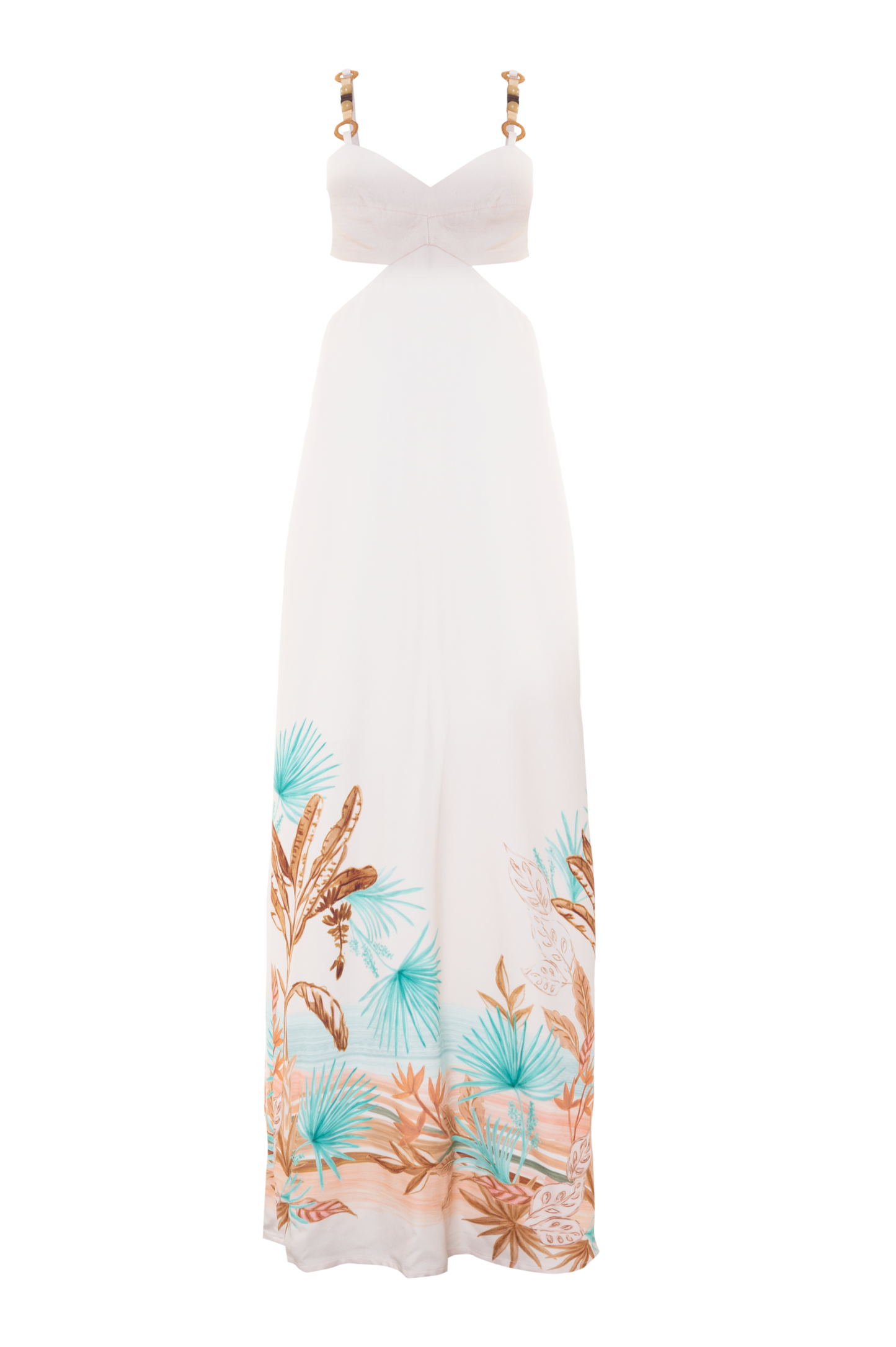 VESTIDO LONGO TROPICAL BANANEIRA BEGE