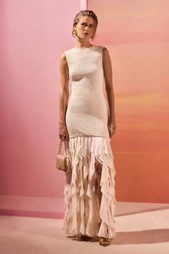 VESTIDO LONGO MALHA GAVEA OFF WHITE