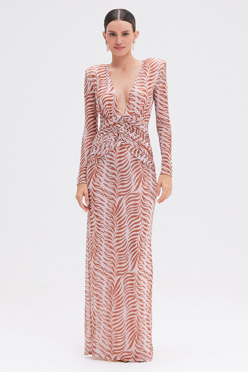 VESTIDO LONGO GRAPHIC LEAVES ROSA CLARO