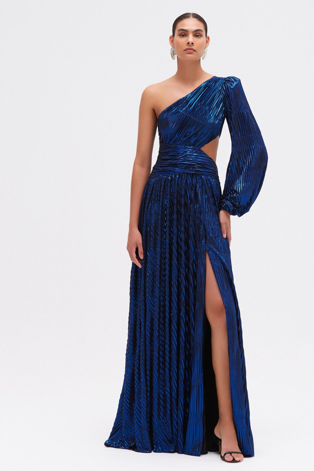 VESTIDO LONGO METALIC PLISSE AZUL ESCURO