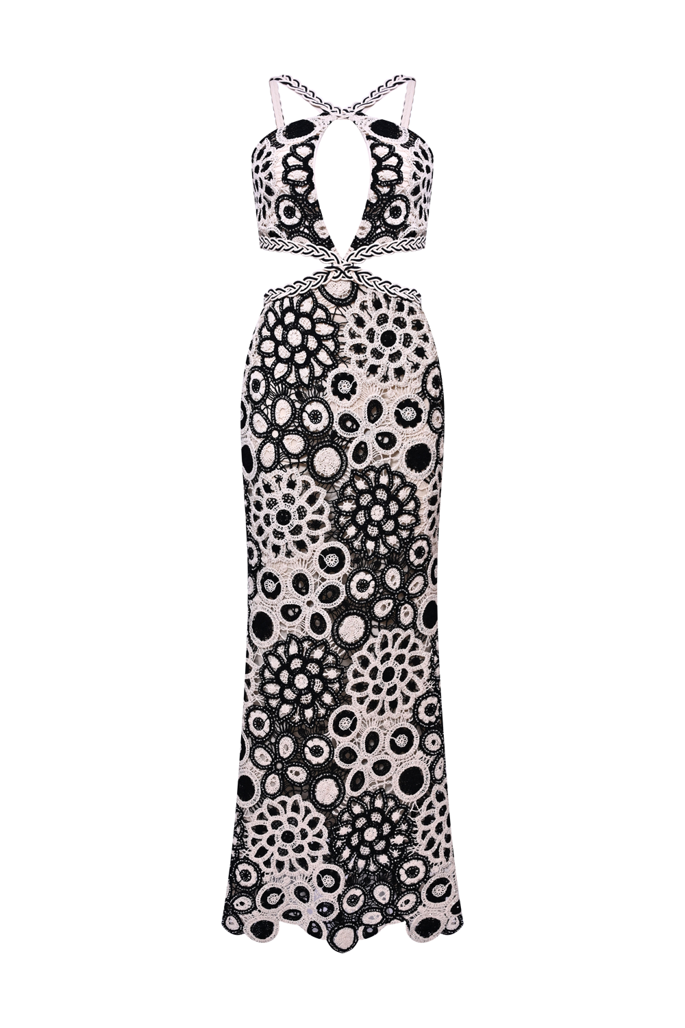 VESTIDO LONGO CORAL CROCHET PRETO E BRANCO