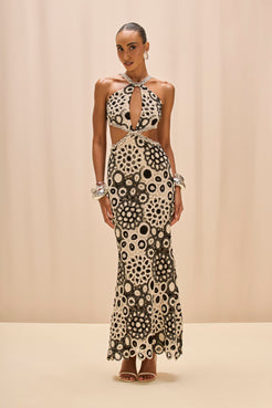 VESTIDO LONGO CORAL CROCHET PRETO E BRANCO