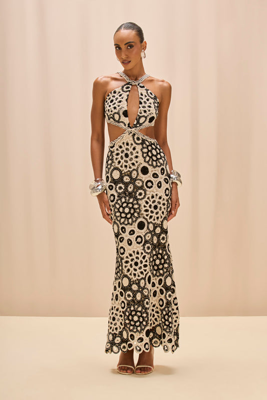 VESTIDO LONGO CORAL CROCHET PRETO E BRANCO