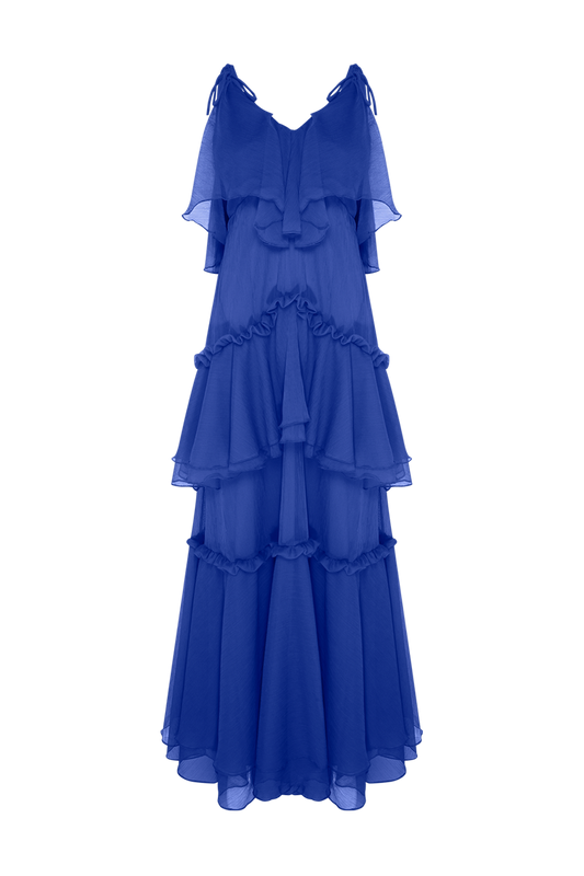 VESTIDO LONGO SILKY PLISSE ÉCHO AZUL