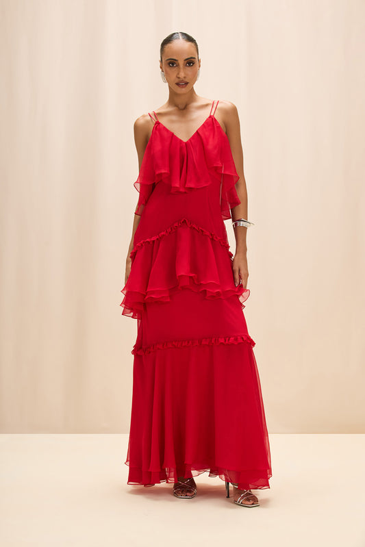 VESTIDO LONGO SILKY PLISSE ÉCHO VERMELHO