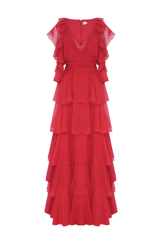 VESTIDO LONGO SILKY PLISSE ÉCHO VERMELHO